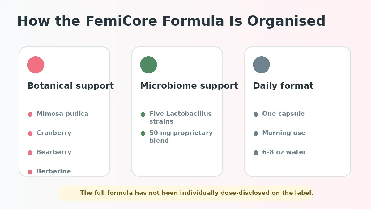 How the FemiCore herbal blend, probiotic blend and daily serving are organised