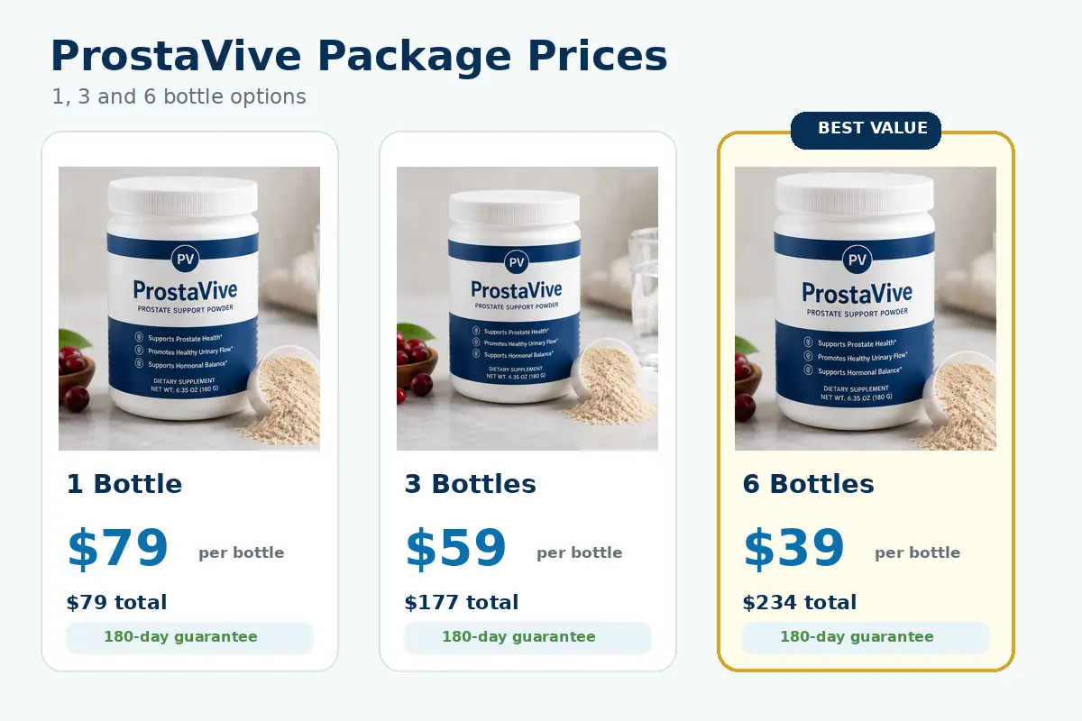 ProstaVive one-, three- and six-bottle package prices