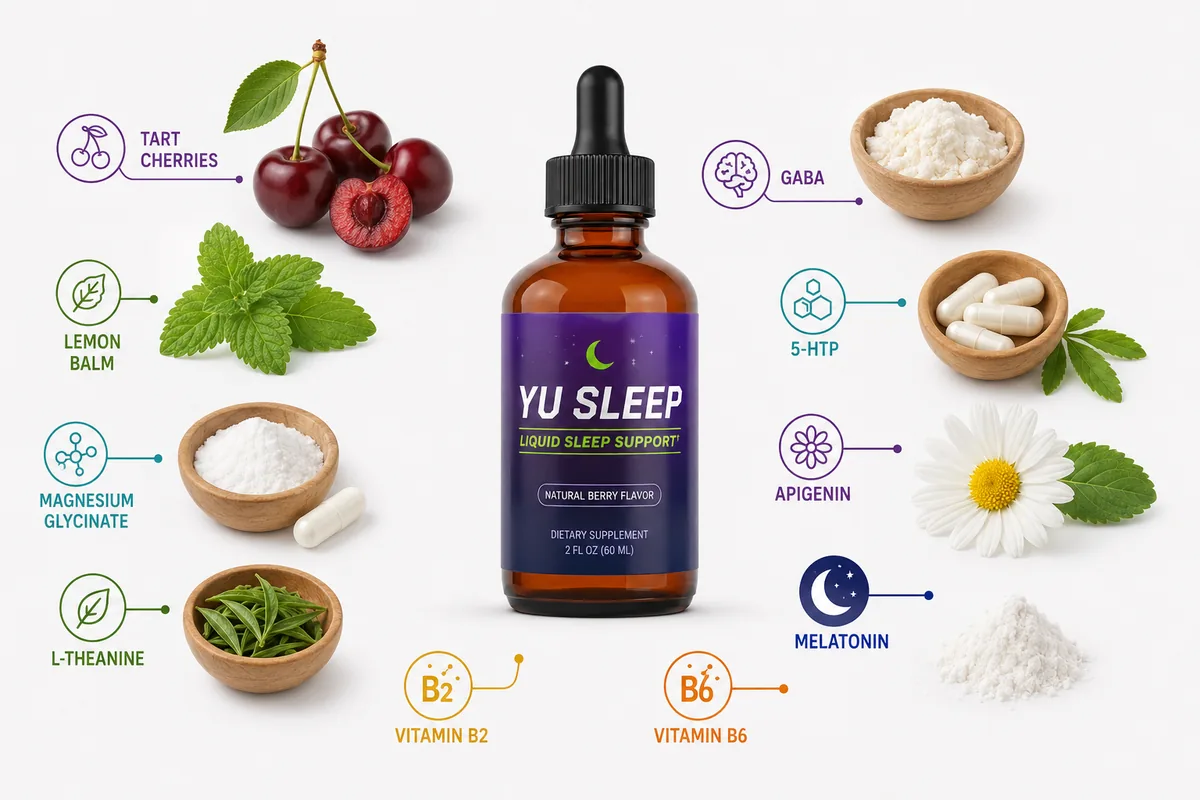 YU Sleep ingredients including tart cherry, lemon balm, magnesium glycinate, L-theanine, GABA, 5-HTP, apigenin, melatonin and vitamins B2 and B6